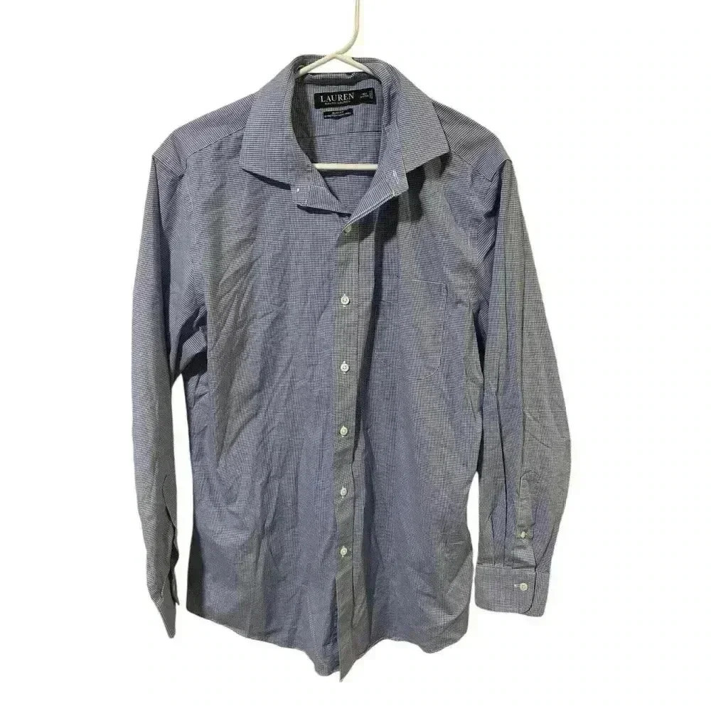 Lauren Ralph Lauren Size 16.5,‎ 34/35 Blue Plaid Slim Fit Stretch Non Iron